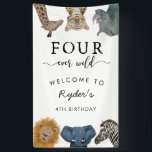 Four Ever Wild Safari Theme Boy's 4th Birthday Banner<br><div class="desc">Cute and modern safari theme kid's birthday party welcome banner featuring illustration of lion,  elephant,  zebra,  giraffe,  snow leopard,  and rhino. Perfect for your child's 4th birthday.</div>