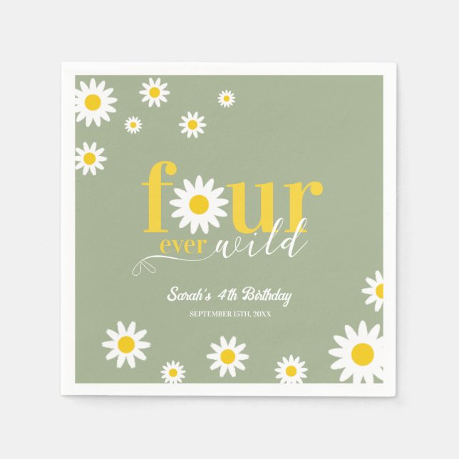 Four Ever Wild Sage Green Fourth Birthday Napkins (Front)