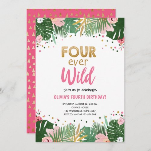 Four Ever Wild Tropical Safari Girl Birthday Invitation