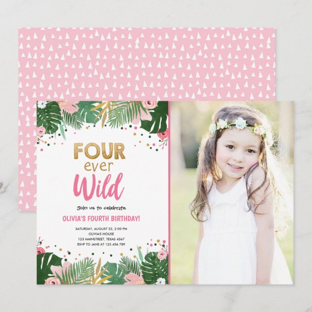 Four Ever Wild Tropical Safari Girl Birthday Invitation (Front/Back)
