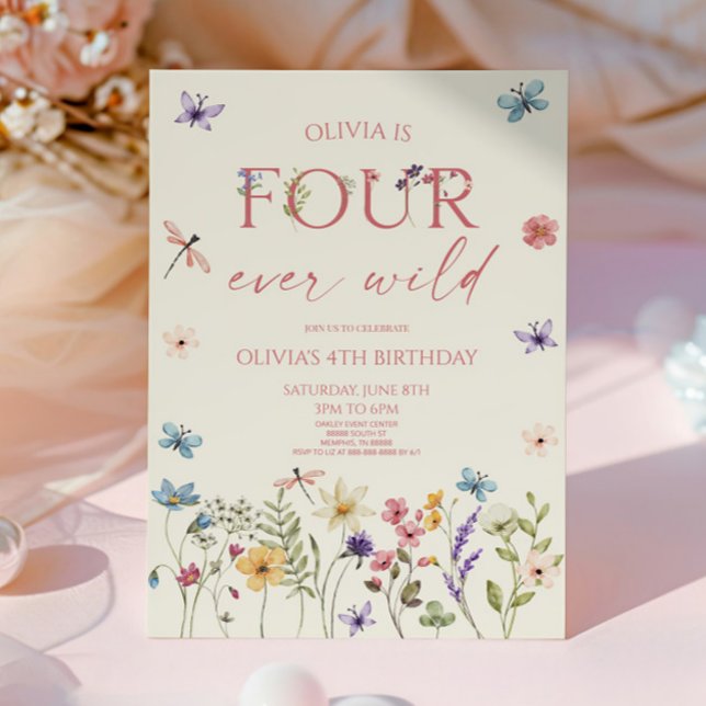 Four Ever Wild Wildflower 4th Birthday Party Invitation (Creator Uploaded)
