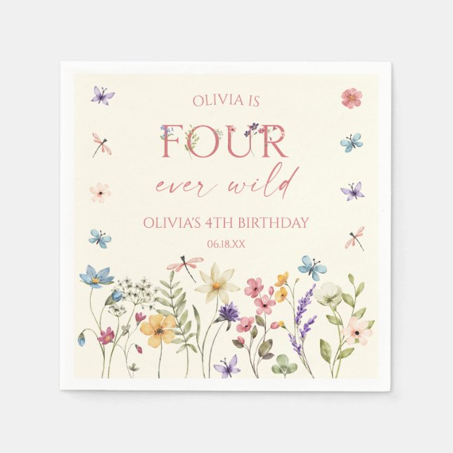 Four Ever Wild Wildflower 4th Birthday Party Napkins (Front)