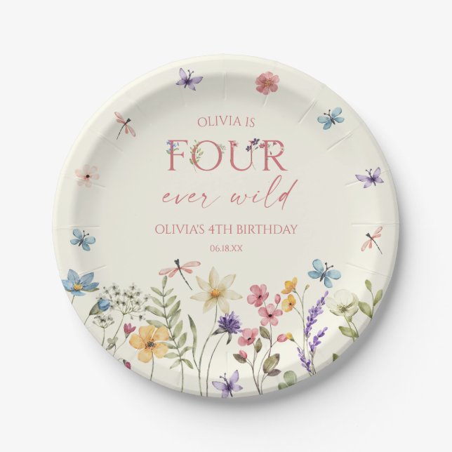 Four Ever Wild Wildflower 4th Birthday Party Paper Plates (Front)