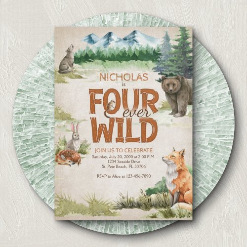 Four Ever Wild Woodland Animal 4th Birthday Invitation