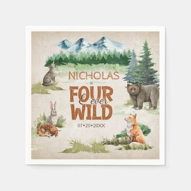 Four Ever Wild Woodland Animal 4th Birthday Party Napkins (Front)