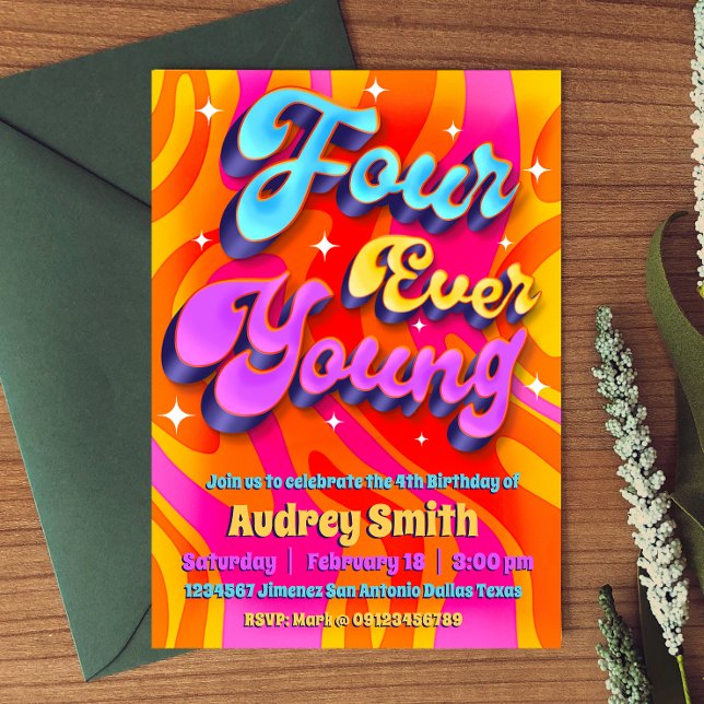 Four Ever Young 4th Birthday Invitation (Four Ever Young 4th Birthday Groovy Retro Invitation
)