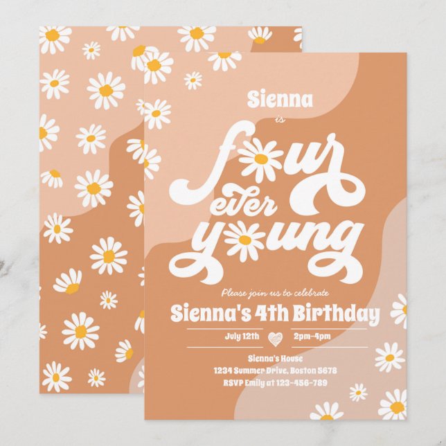 Four Ever Young 4th Birthday Party Boho Daisy Invitation (Front/Back)
