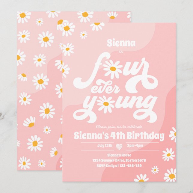 Four Ever Young 4th Birthday Party Boho Daisy Invitation (Front/Back)