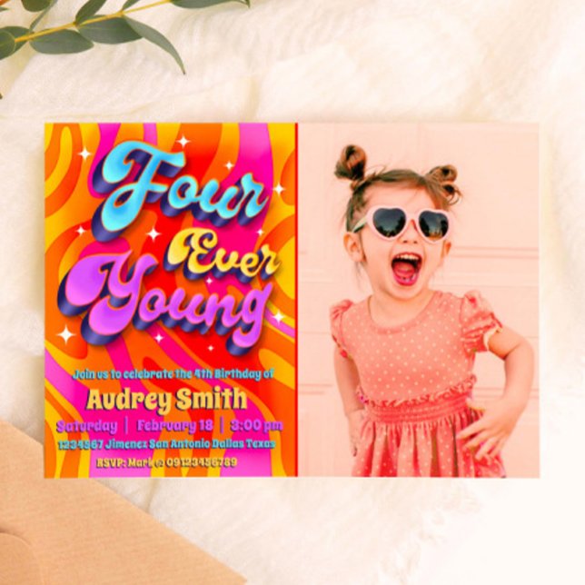 Four Ever Young 4th Birthday with Photo Invitation (Four Ever Young 4th Birthday with Photo Landscape Invitation - Groovy Birthday
)