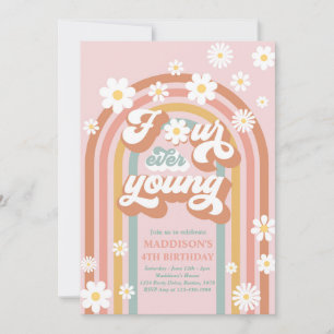Four Ever Young Boho Daisy Rainbow 4th Birthday Invitation