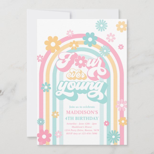 Four Ever Young Boho Daisy Rainbow 4th Birthday Invitation (Front)