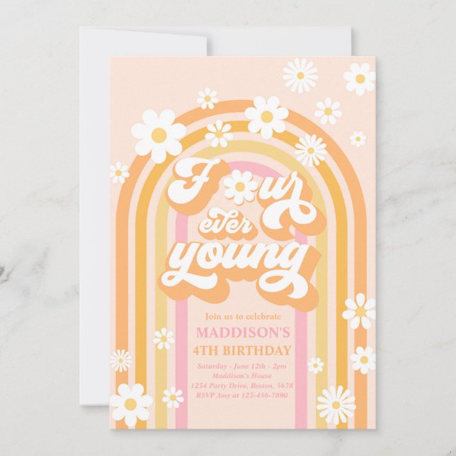 Four Ever Young Boho Daisy Rainbow 4th Birthday Invitation (Front)