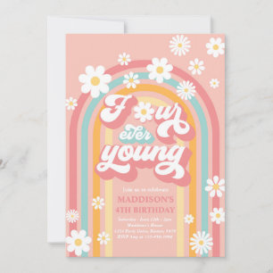 Four Ever Young Boho Daisy Rainbow 4th Birthday Invitation