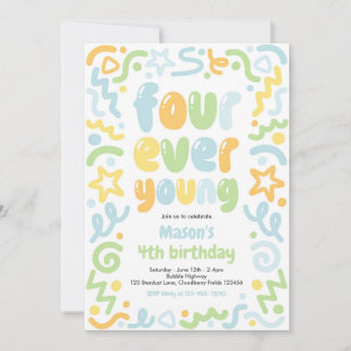 Four Ever Young Confetti Balloon 4th Birthday Invitation