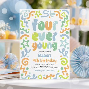 Four Ever Young Confetti Balloon 4th Birthday Invitation