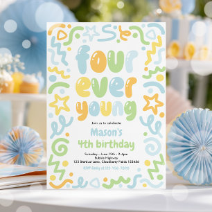 Four Ever Young Confetti Balloon 4th Birthday Invitation