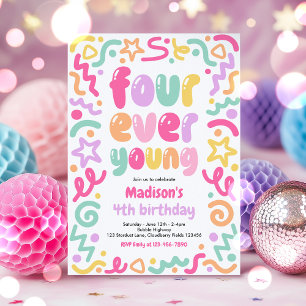 Four Ever Young Confetti Balloon 4th Birthday  Invitation