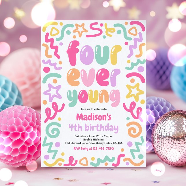 Four Ever Young Confetti Balloon 4th Birthday  Invitation (Creator Uploaded)