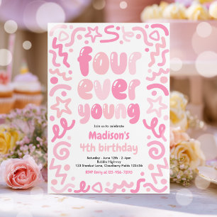 Four Ever Young Confetti Balloon 4th Birthday  Invitation