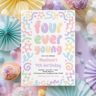 Four Ever Young Confetti Balloon 4th Birthday Invitation