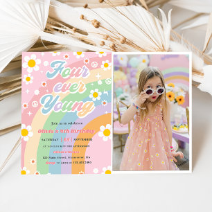 Four Ever Young Groovy Daisy Rainbow 4th Birthday Invitation