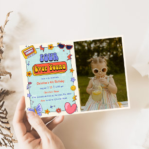 Four Ever Young Groovy Hippie 4th Birthday Photo Invitation