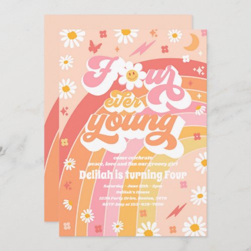 Four Ever Young Groovy Rainbow 4th Birthday Party Invitation