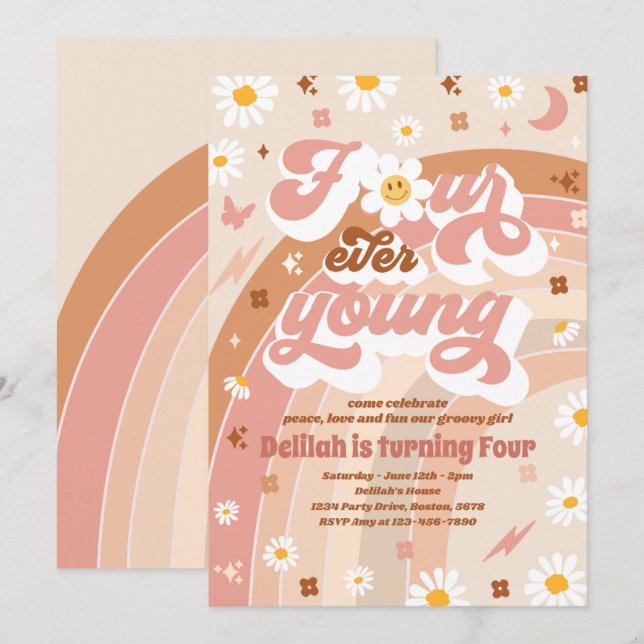 Four Ever Young Groovy Rainbow 4th Birthday Party Invitation (Front/Back)