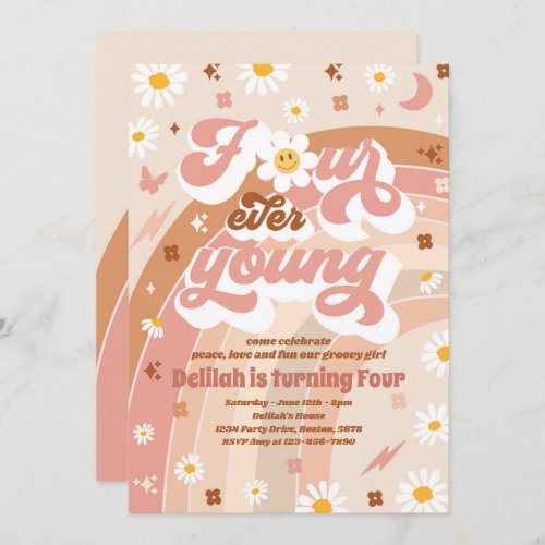 Four Ever Young Groovy Rainbow 4th Birthday Party Invitation