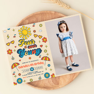Four Ever Young Groovy Retro Daisy 4th Birthday Invitation
