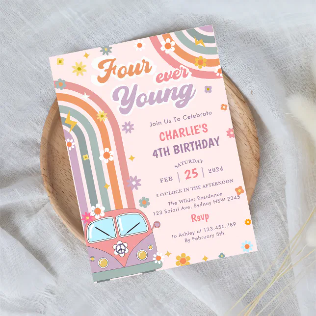 Four Ever Young Groovy Retro Daisy 4th Birthday Invitation | Zazzle