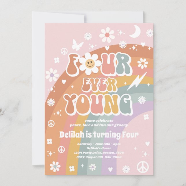 Four Ever Young Hippie 4th Birthday Party Invitation (Front)