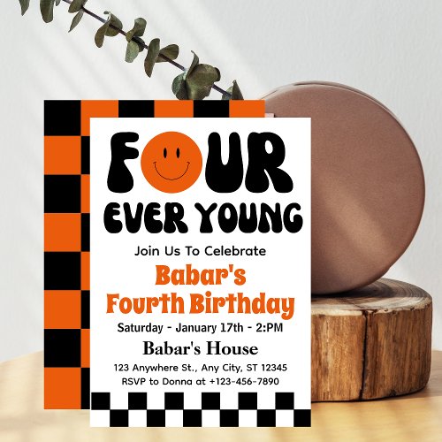 Four Ever Young Retro Boy 4th Birthday  Invitation
