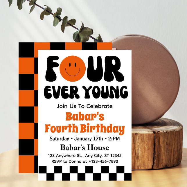 Four Ever Young Retro Boy 4th Birthday  Invitation (Creator Uploaded)