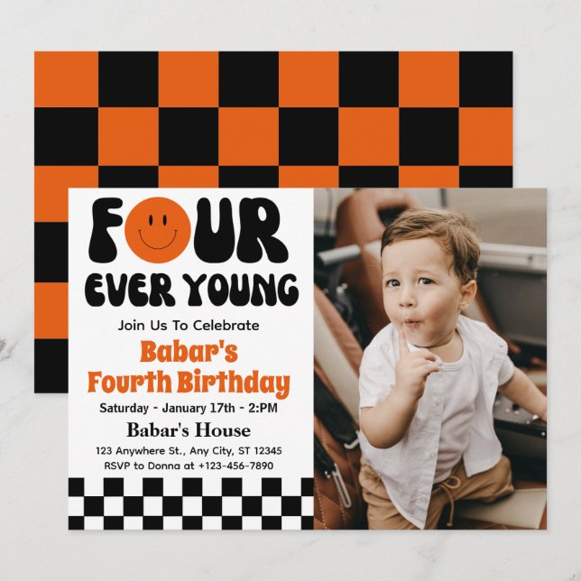 Four Ever Young Retro Boy 4th Birthday  Invitation (Front/Back)