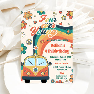 Four Ever Young Retro Floral 4th Birthday Party Invitation