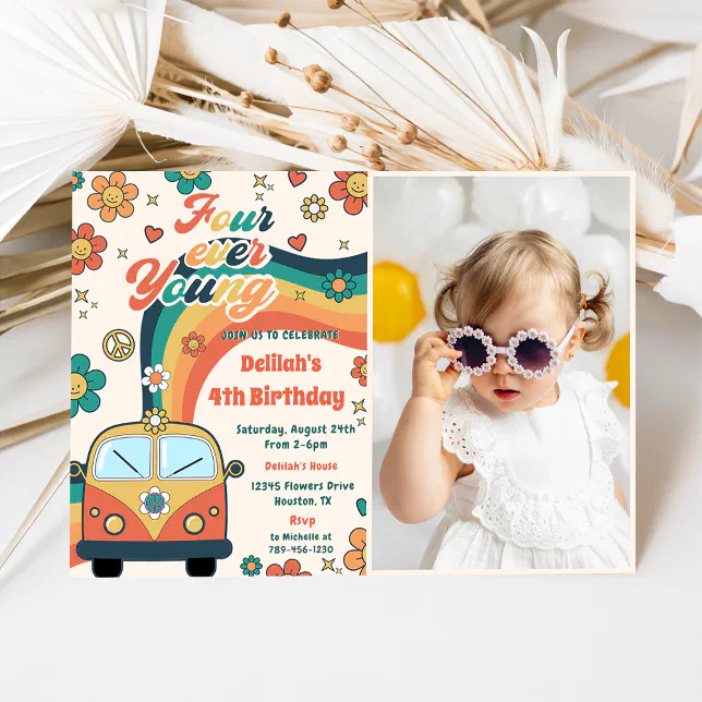 Four Ever Young Retro Floral 4th Birthday Photo Invitation | Zazzle