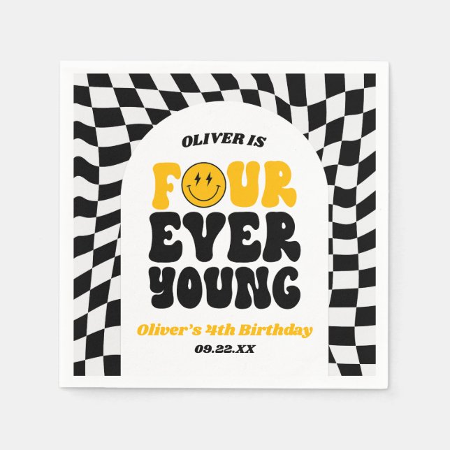 Four Ever Young Retro Fourth 4th Birthday Party Napkins (Front)