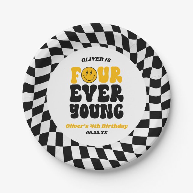 Four Ever Young Retro Fourth 4th Birthday Party Paper Plates (Front)