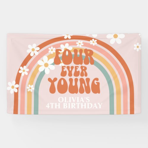 Four Ever Young Retro Rainbow Daisy Birthday Banner
