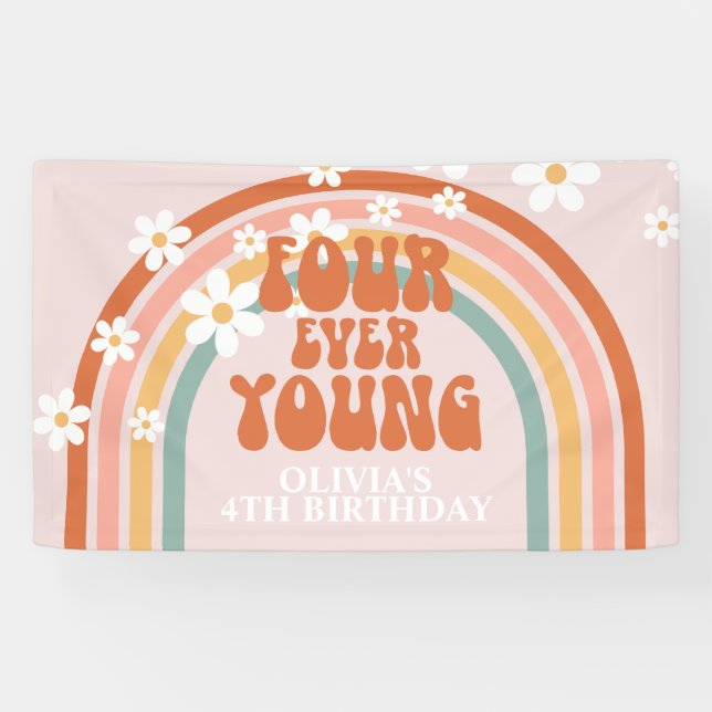 Four Ever Young Retro Rainbow Daisy Birthday Banner (Horizontal)