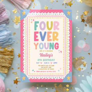 Four Ever Young Whimsical Girl 4th Birthday Party Invitation