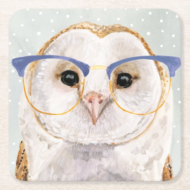 Four-Eyed Forester | Wise Owl Square Paper Coaster (Front)