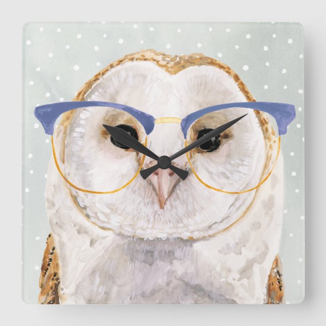 Four-Eyed Forester | Wise Owl Square Wall Clock (Front)