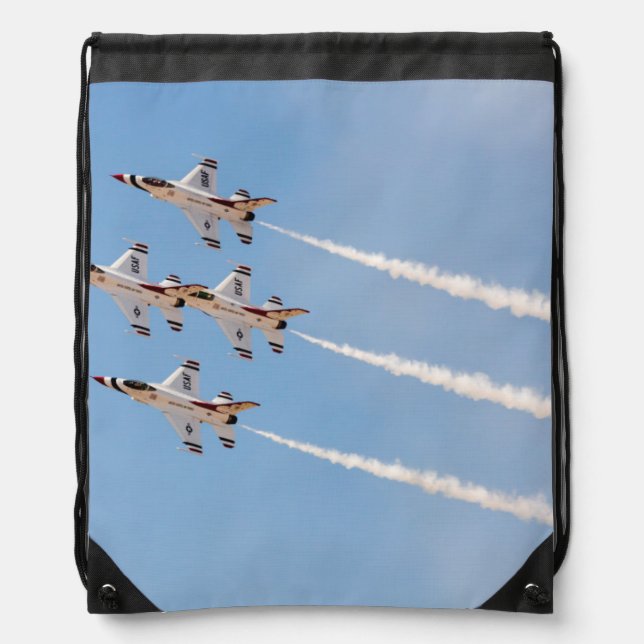 Four F-16 Thunderbirds fly in close formation Drawstring Bag (Front)
