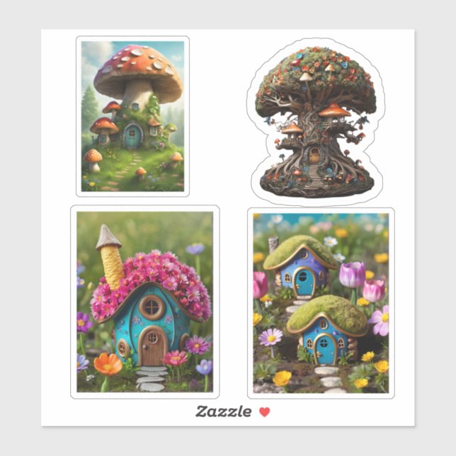 Four Fairy Houses Fantasy Custom-Cut Vinyl Sticker (Sheet)