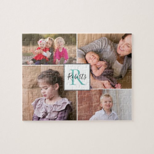Four family photos monogram and name jigsaw puzzle