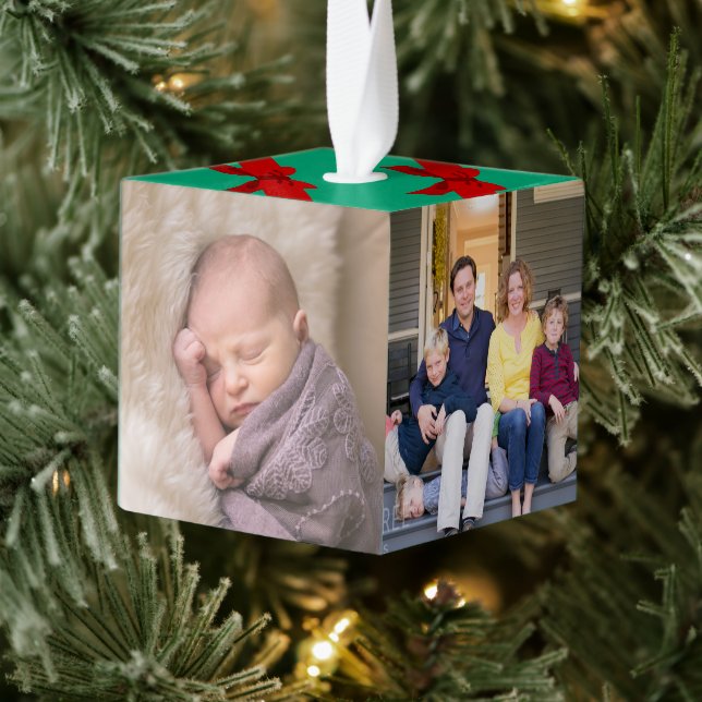 Four Family Photos Red Ribbon on Green Christmas Cube Ornament (Tree)