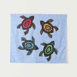 Four Fantasy Black Turtles Colorful shell Markings Tapestry