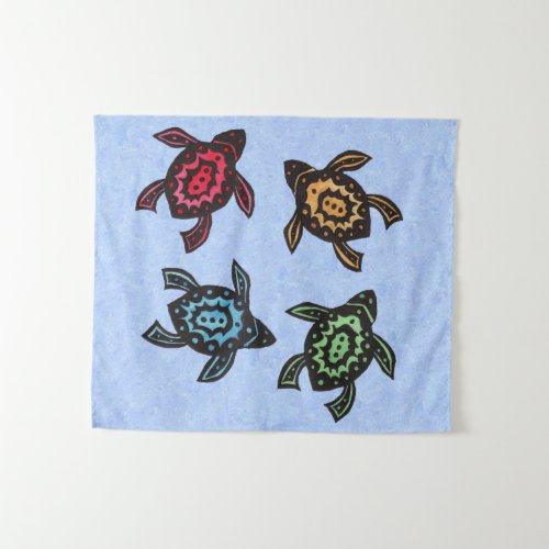 Four Fantasy Black Turtles Colorful shell Markings Tapestry
